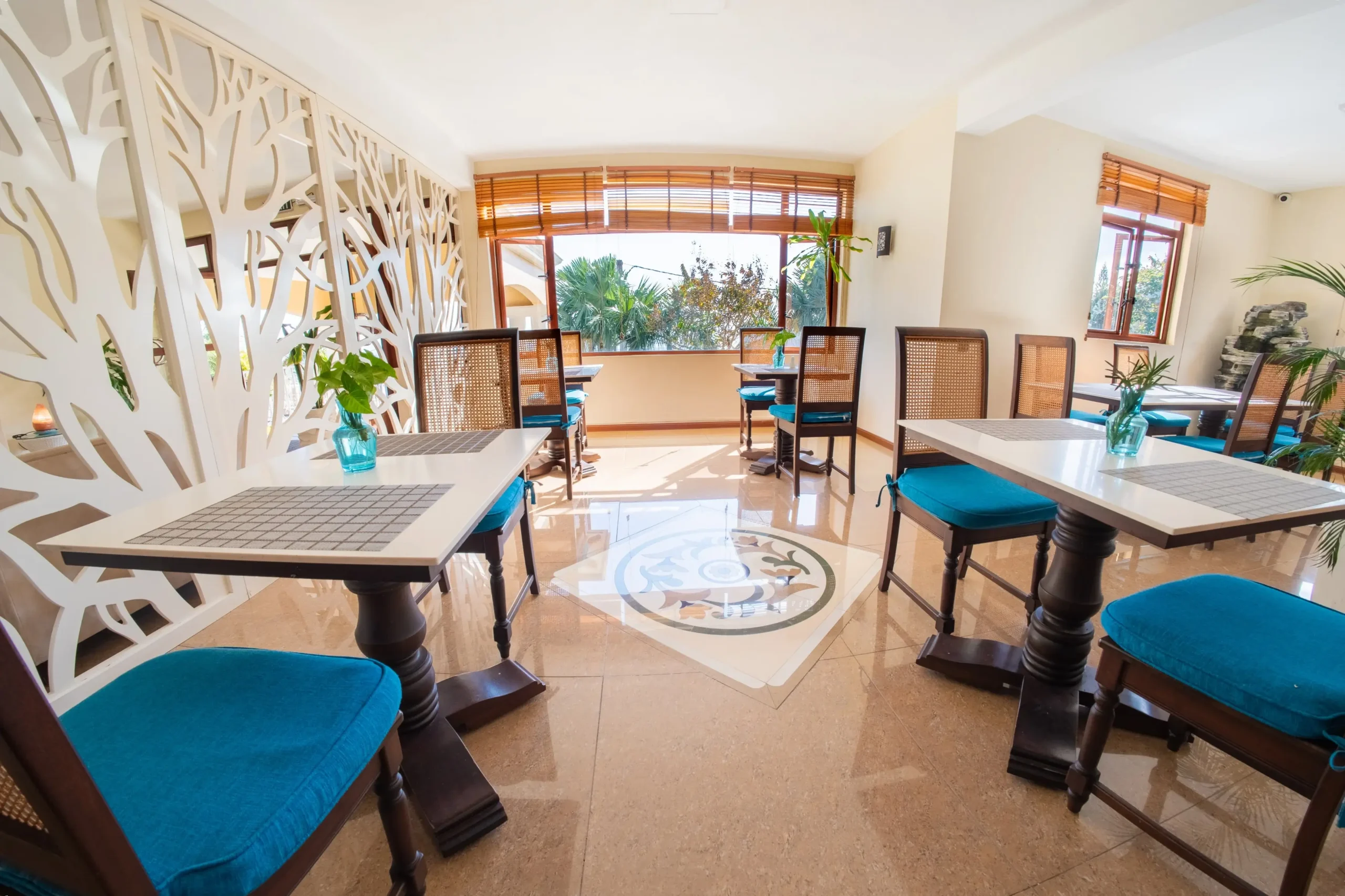 Lounge and treatment interiors at Les Mariannes
